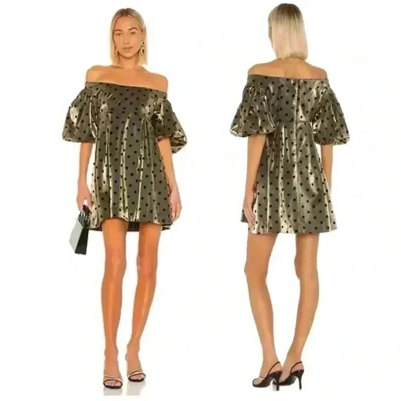LPA Dresses & Skirts - LPA Beatrix metallic gold off shoulder mini dress puff sleeve polka dot M